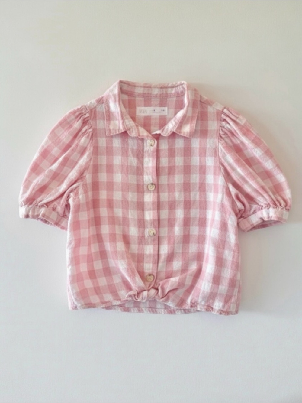 Zara Girls Pink Gingham Button Front Puff-Sleeve Top Size 6 (116cm)